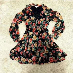 American Eagle Black Floral Chiffon Puff Sleeve Dress, Size S